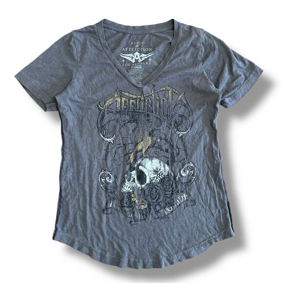 Affliction Y2K Grunge Skull Short Sleeve‎ Shirt Womens Size L Brown Gray - Picture 1 of 5